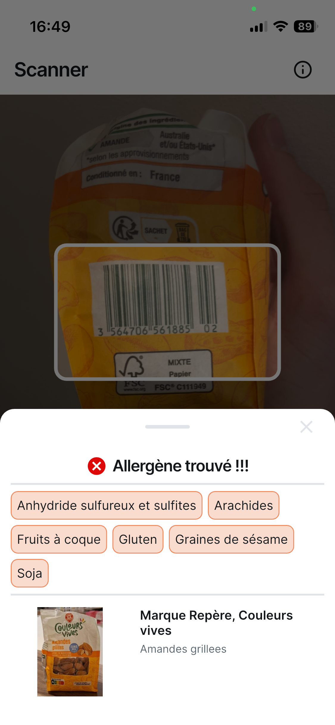 Nutrixe allergène détecté