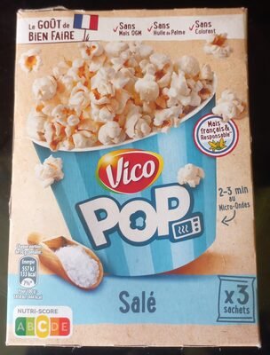 Schachtel gesalzenes Popcorn Vico Pop, drei Beutel